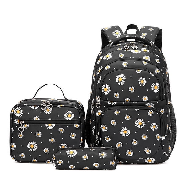 Daisy Prints School Backpack Set with Lunch Kits Bookbag for Teenager Girls 3pcs SchoolBag for Primary Student Book Bag