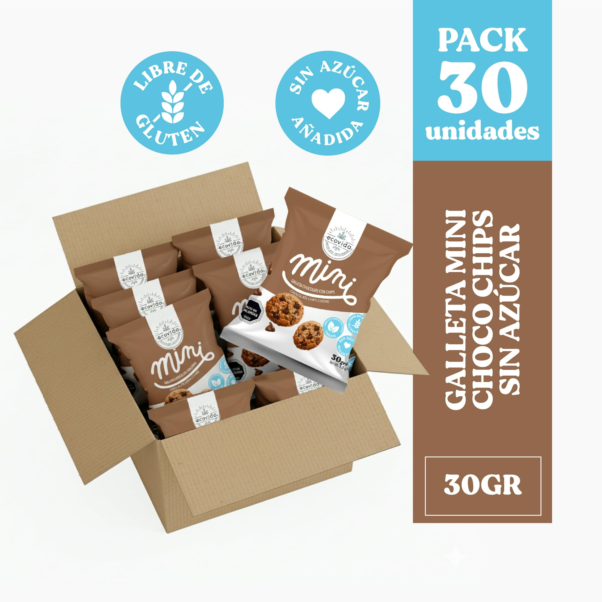 Ecovida S.a - Galleta Mini Chocolate Chips Sin Gluten Y Sin Azúcar 30gr - Caja 30 Unid