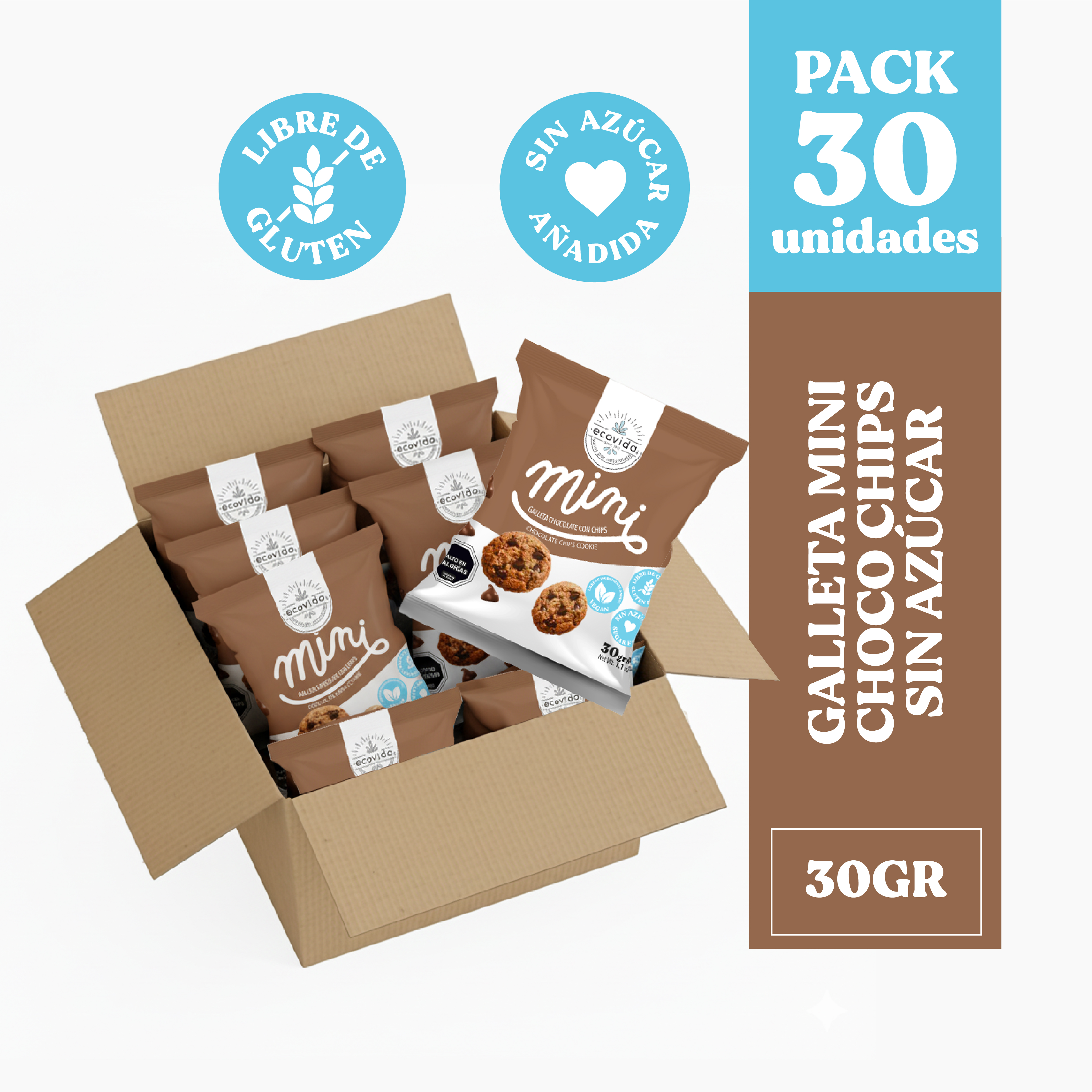 Ecovida S.A - Galleta Mini Chocolate Chips Sin Gluten Y Sin Azúcar 30Gr - Caja 30 Unid