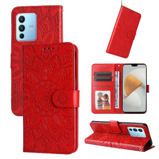 Funda tipo cartera FOXDOCK para Vivo V23 Pro , diseño girasol en relieve, cuero PU, cierre magnético, soporte y tarjetero