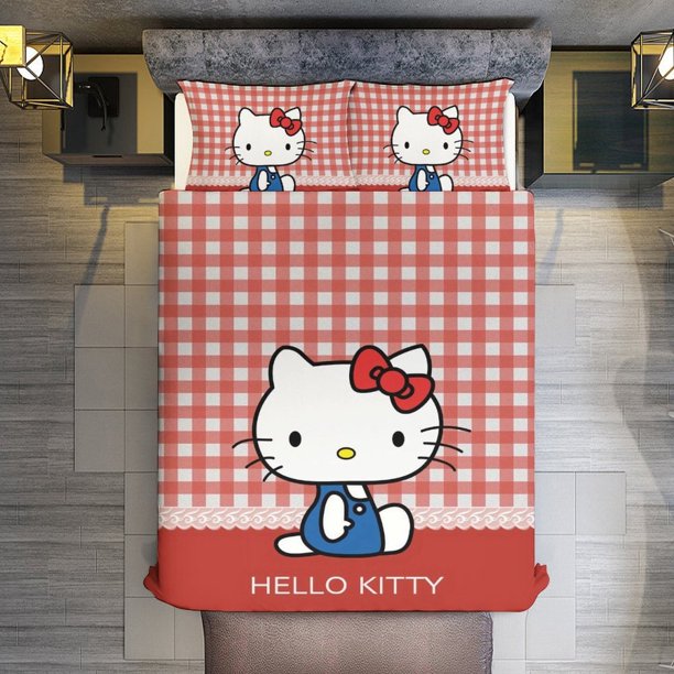 Merry Christmas Hello Kitty Red Plaid 3 Pieces Duvet Cover Set Full Size Super Soft Fade Resistant Microfiber