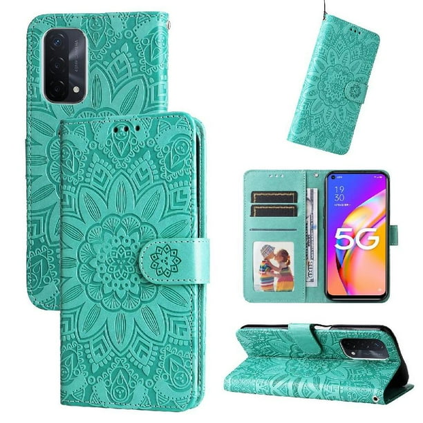 Funda tipo cartera FOXDOCK para OPPO A54 5G , diseño girasol en relieve, cuero PU, cierre magnético, soporte y tarjetero