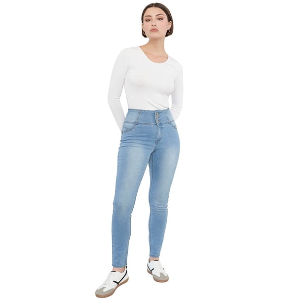 Jeans Mujer Push Up 3 Botones Azul C Corona
