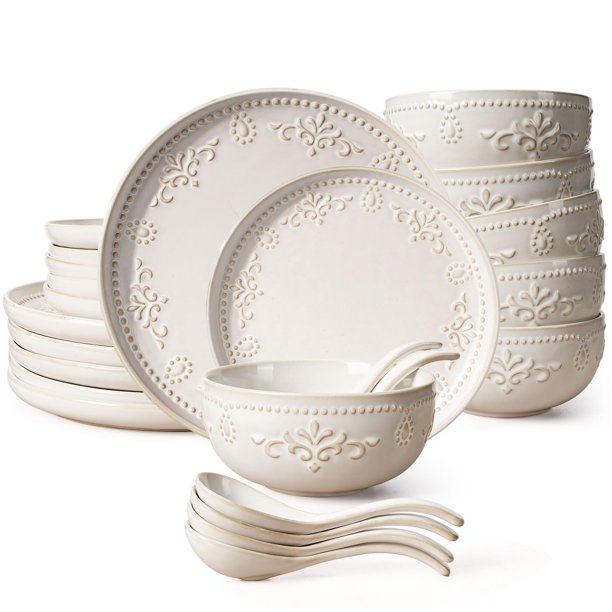Artena Juego de Platos y Tazones, Set de 24 Piezas de Vajilla para 6 Personas, Cerámica Blanca con Relieve (Diseño Floral Damascado), Apto para Lavavajillas y Microondas