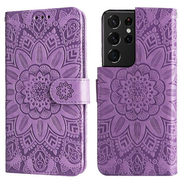 Funda tipo cartera FOXDOCK para Samsung Galaxy S21 Ultra , diseño girasol en relieve, cuero PU, cierre magnético, soporte y tarjetero