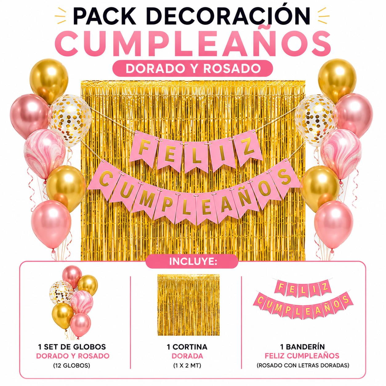 Genérico - Pack Decoracion Cotillon Rosado -dorado