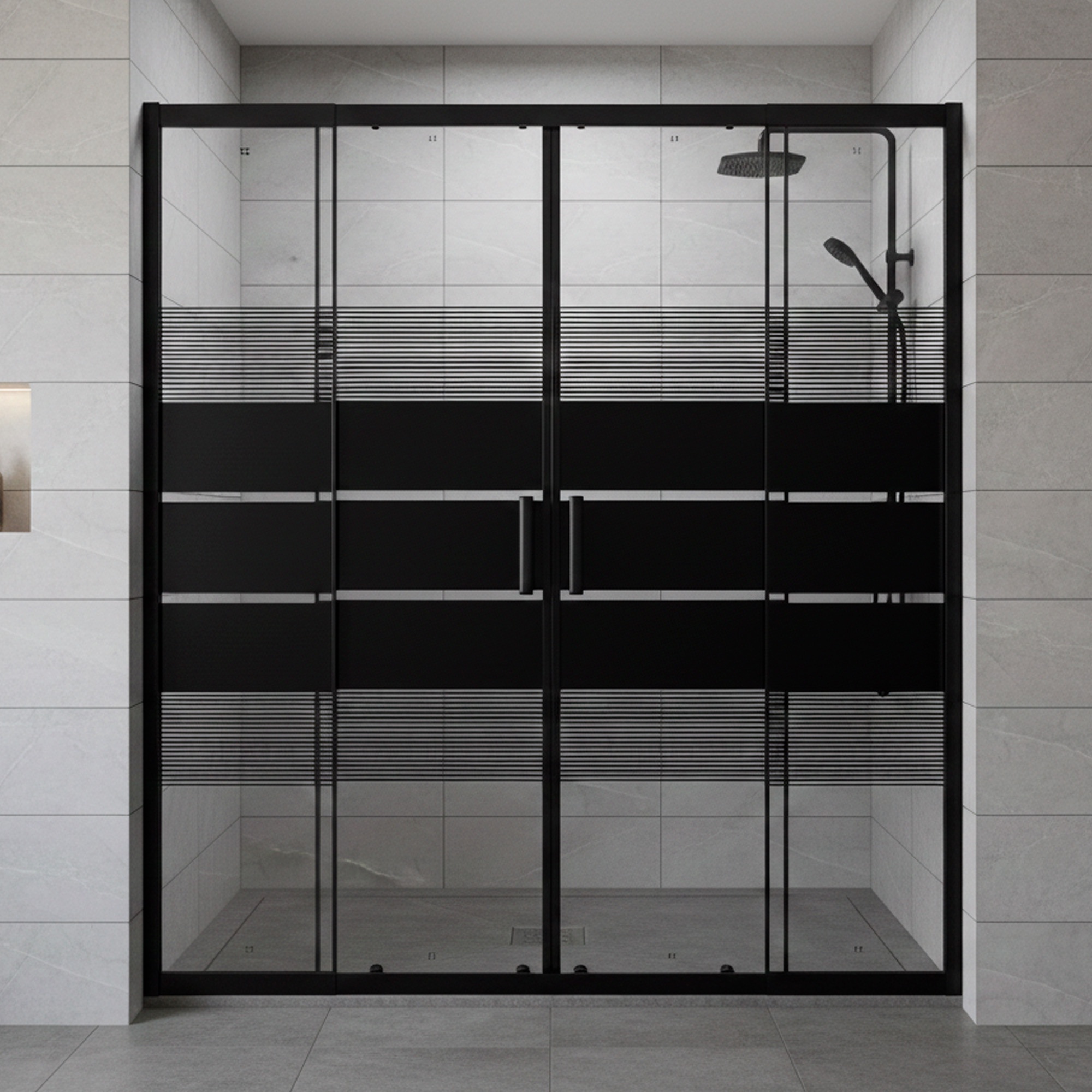 Joytek - Mampara Ajustable De Ducha Style 160-180 Cm Líneas Negras (4 Vidrios)