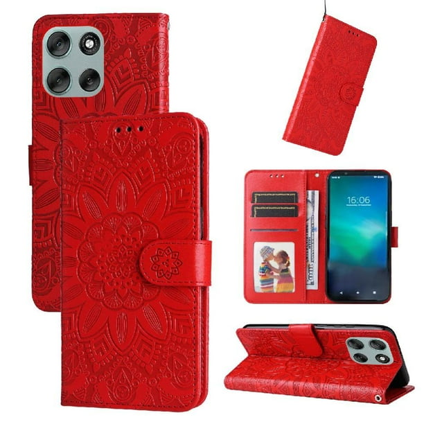 Funda tipo cartera FOXDOCK para Motorola Moto G56 , diseño girasol en relieve, cuero PU, cierre magnético, soporte y tarjetero