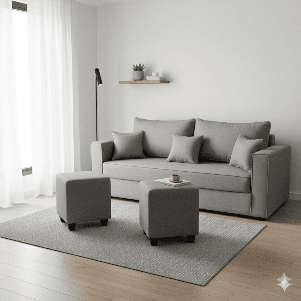 Construmuebles - Living Aurelia 3 Cuerpos + 2 Pouf Tela Gris