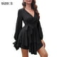 thumbnail image 2 of Vestido de mujer con escote en V profundo, manga larga, lazo en la cintura, volantes, minivestido skater - Negro, 2 of 6