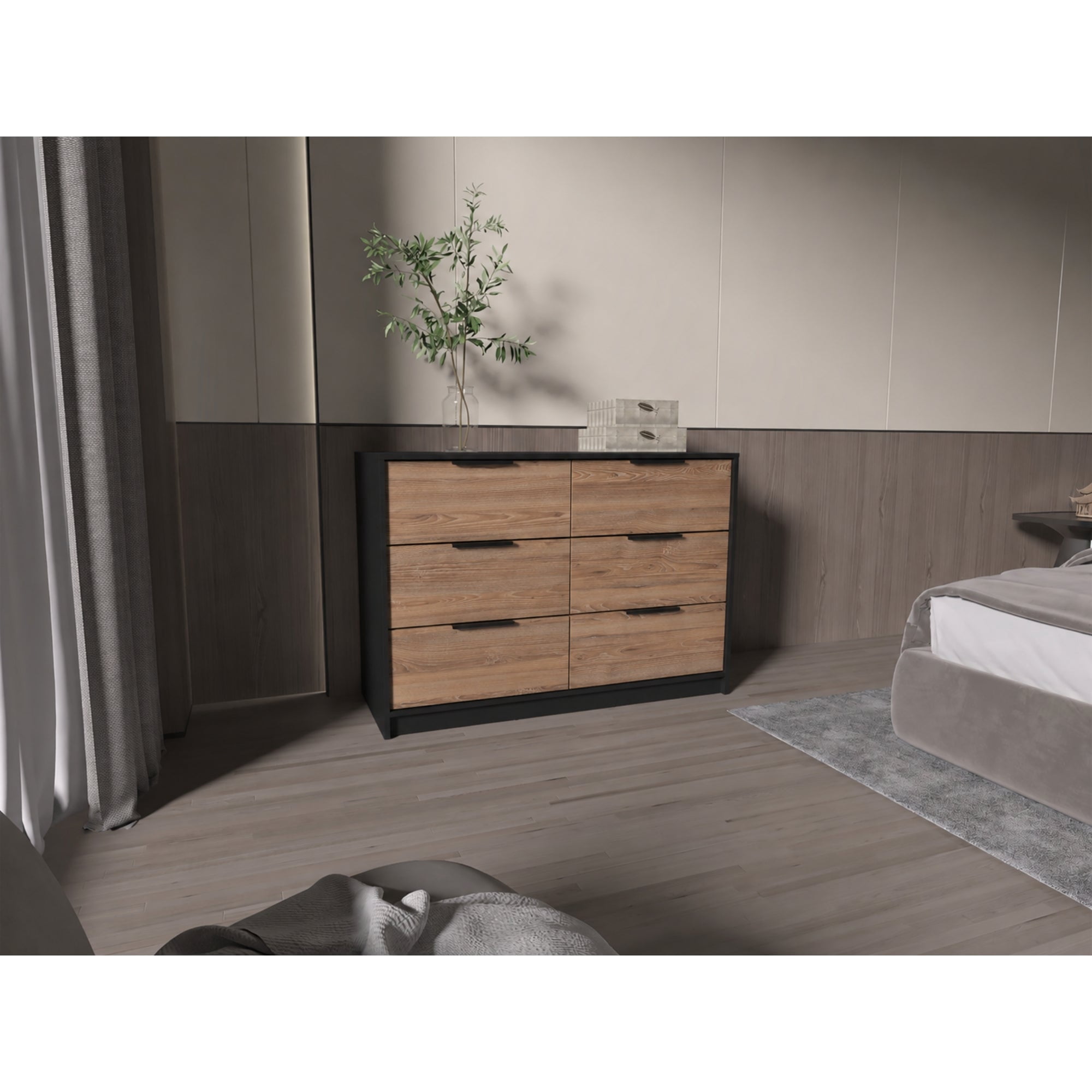 Tuhome - Mueble Cómoda 4 Cajones 2 Puertas Kaia Wengue Y Miel 77x107x41 Cm