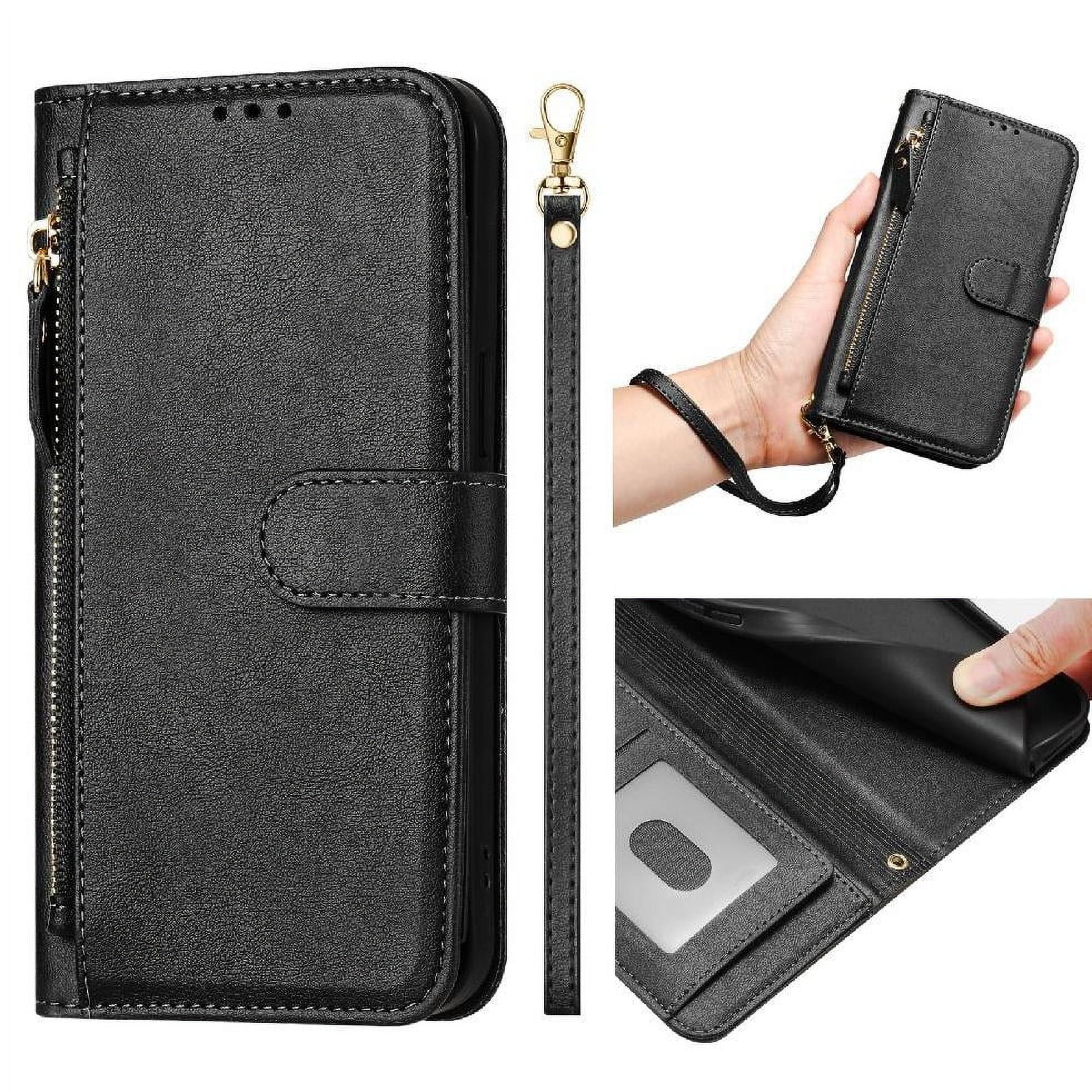 Funda Tipo Billetera para Samsung Galaxy Note 8 con Cremallera Portatarjetas Soporte Correa de Muñeca Cuero Negro