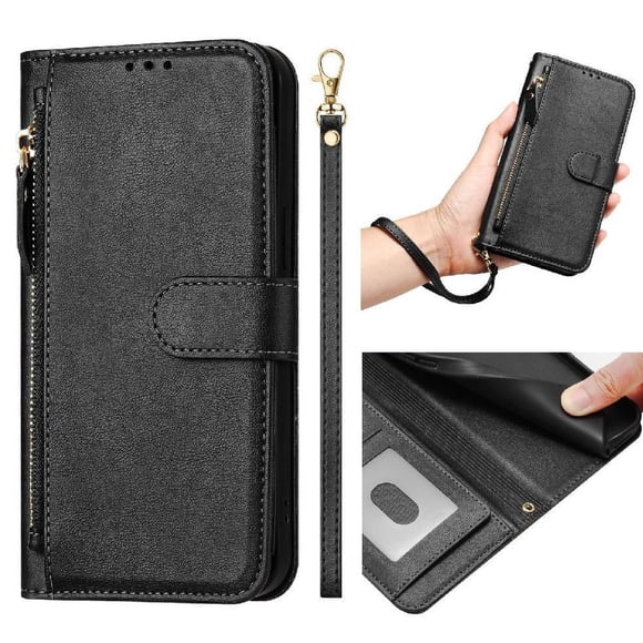 Funda para Motorola MOTO G 5G 2023 con cremallera tipo cartera, tarjetero, marco de fotos, soporte y cordón, de piel sintética. Negro