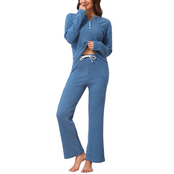 INSPIRE CHIC Conjunto de Pijama para Mujer de Manga Larga con Cuello Henley Acanalado, Cintura Elástica, Pantalones de Pierna Ancha con Cordón, 2 Piezas, Talla L, Azul