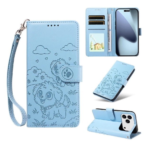 Funda Cartera para iPhone 17 Pro Perro Cachorro Grabado con Tarjetas Soporte Correa Azul