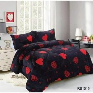 Aladdins Shop - Cobertor De Invierno De Plush Y Chiporro 2 Plazas Negro Corazones Rojos