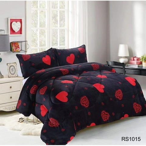 Aladdins Shop - Cobertor De Invierno De Plush Y Chiporro 2 Plazas Negro Corazones Rojos