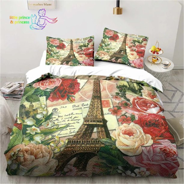 Vintage Paris Eiffel Tower Bedding Set Bed Set Adult Kid Bedroom Romantic Flower Bedding Gift