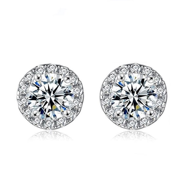 18K White Golden Plated Halo Stud Earrings with Square Cubic Zirconia and Simulated Diamonds