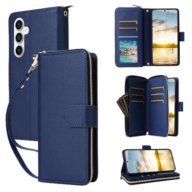 Funda Cartera con Cremallera y Correa para Samsung Galaxy S23 FE Soporte y Tarjetero Azul