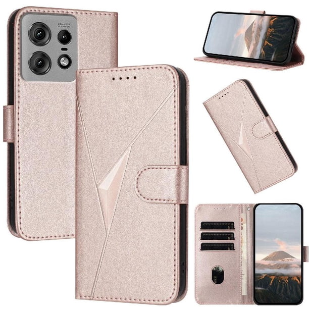 Funda Cartera Fibra de Carbono para Motorola Edge 50 Pro con Soporte y Cierre Magnético Rosa