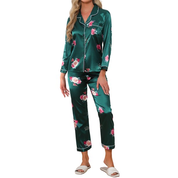 INSPIRE CHIC Conjunto de Pijama de Satén Floral para Mujer Regreso a Clases Suave de Manga Larga con Botones y Pantalones de Cintura Elástica para Todas las Estaciones XL Rosa Verde