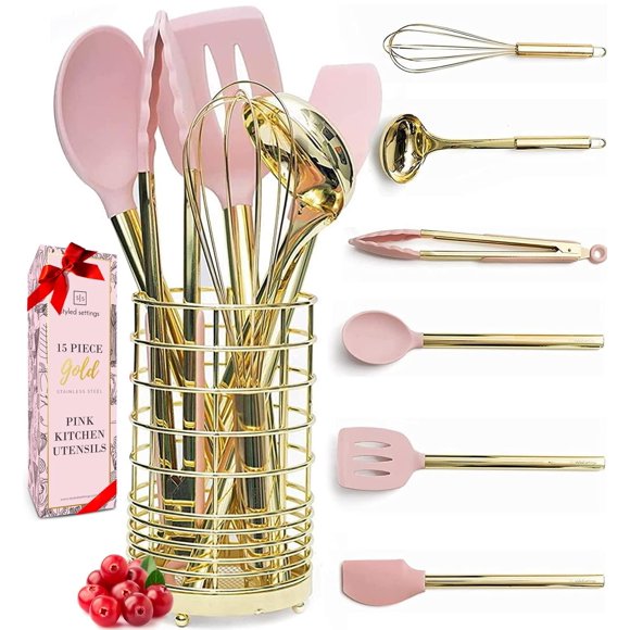 Juego de utensilios de cocina STYLED SETTINGS dorado y rosa con soporte