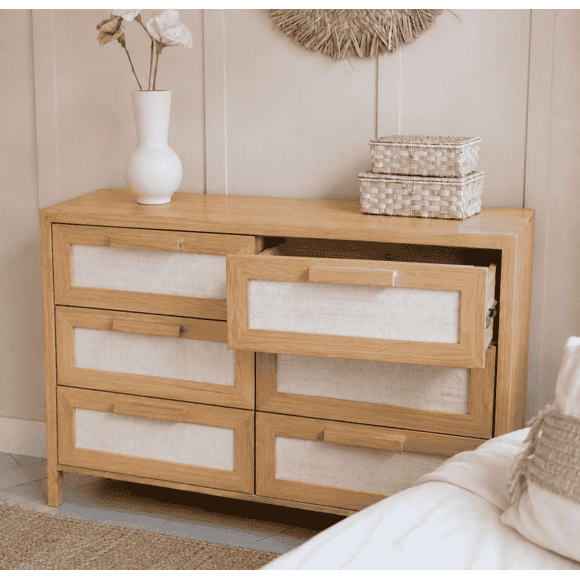 Cómoda "Patagua" 6 Cajones Mueble de Madera con Frentes de Lino - Natural - 120x40x90 cm