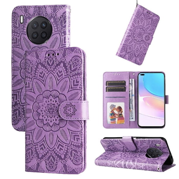 Funda tipo cartera FOXDOCK para Honor 50 Lite , diseño girasol en relieve, cuero PU, cierre magnético, soporte y tarjetero
