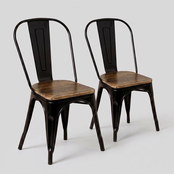 Pack 2 Sillas Comedor Tolix De Metal Negra Con Asiento De Madera Oscura