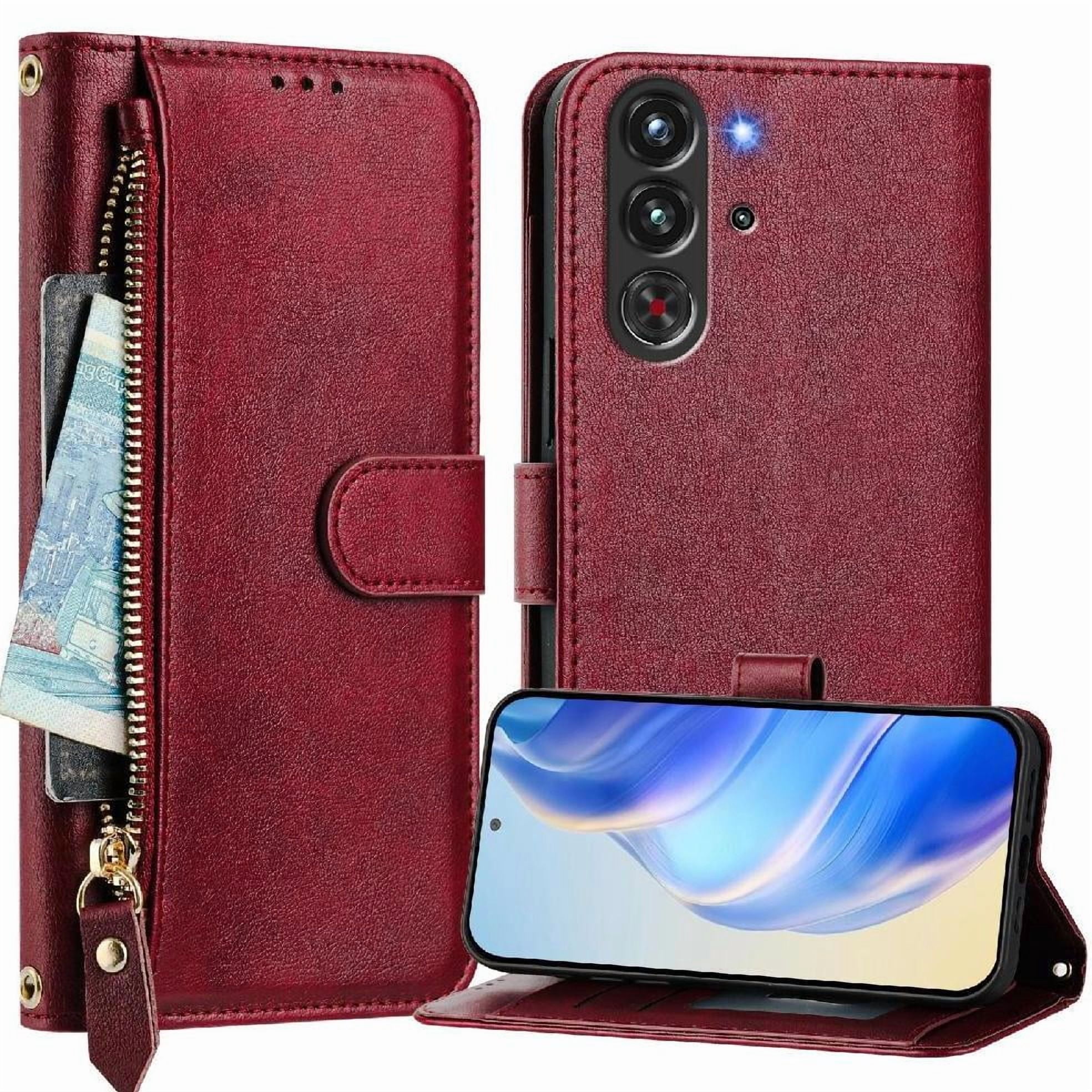 Foxdock - Funda Tipo Billetera Para Zte Nubia Rojo Magic 10 Pro Con Cremallera Portatarjetas Soporte Correa De Muñeca Cuero Rojo