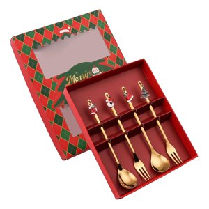 Magideal - Juego De Tenedores Y Cucharas Navideñas, Cuchara De Acero Inoxidable, Tenedor, Cuchara De Café, Kits De Cubiertos Navideños Para Restaurante, Fiesta, 4 Piezas