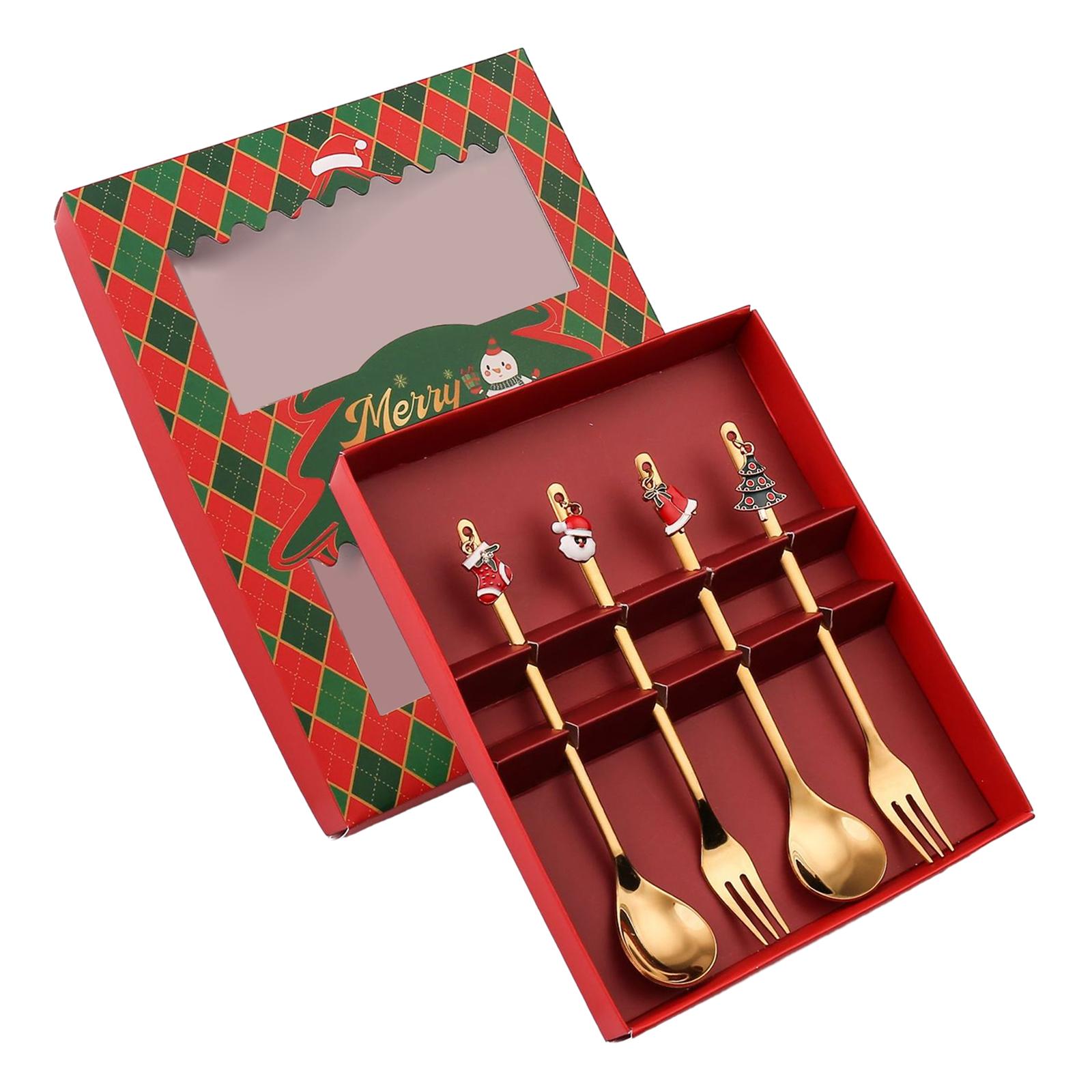 Magideal - Juego De Tenedores Y Cucharas Navideñas, Cuchara De Acero Inoxidable, Tenedor, Cuchara De Café, Kits De Cubiertos Navideños Para Restaurante, Fiesta, 4 Piezas