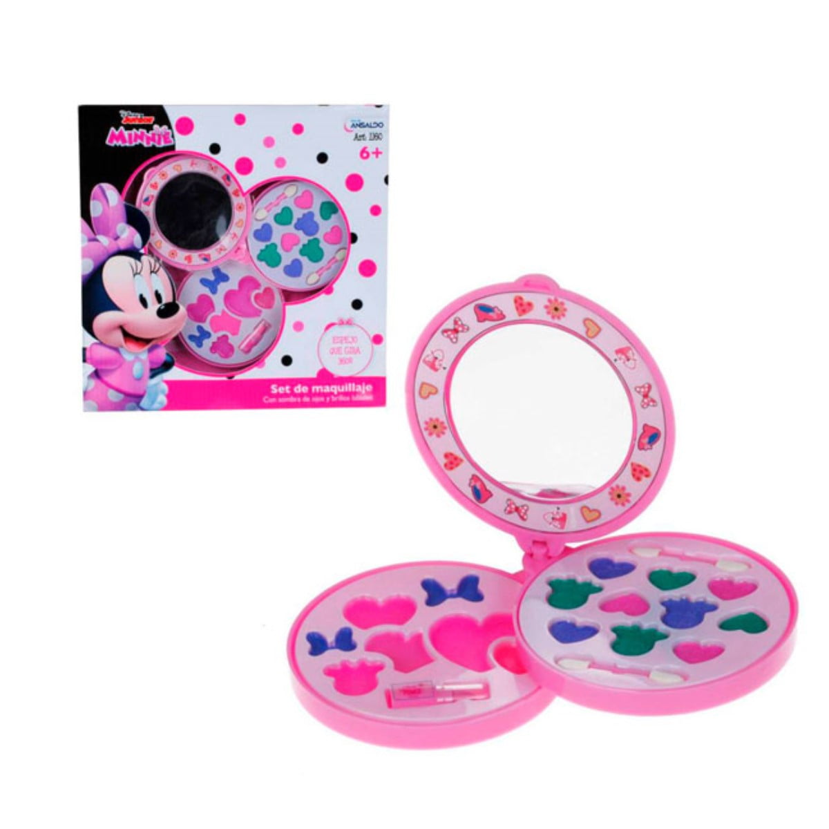 Minnie Mouse - Maquillaje Infantil Set Circular 3 Pisos De Cosmeticos Y Espejo