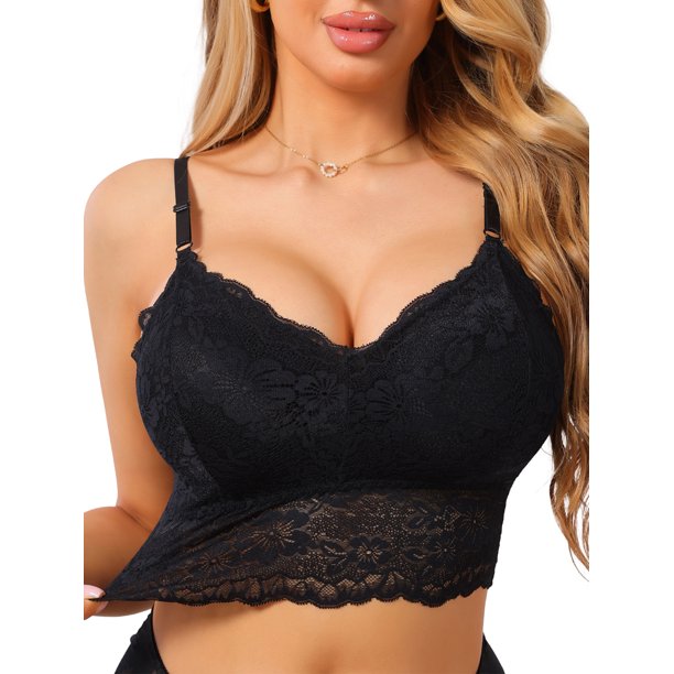 INSPIRE CHIC Camisola sin cables de encaje para mujer con escote en V, tirantes ajustables, sujetadores triangulares acolchados elegantes, grande, negro
