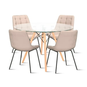 Klik Muebles - Mesa De Comedor Eames 80Cm Redonda Vidrio + 4 Silla Macron Terciopelo - Beige