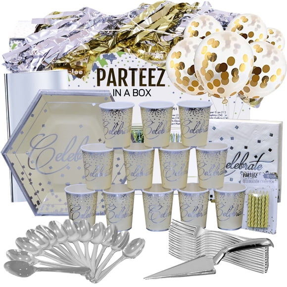 Kit de fiesta Party In A Box Parteez dorado y plateado, 12 piezas