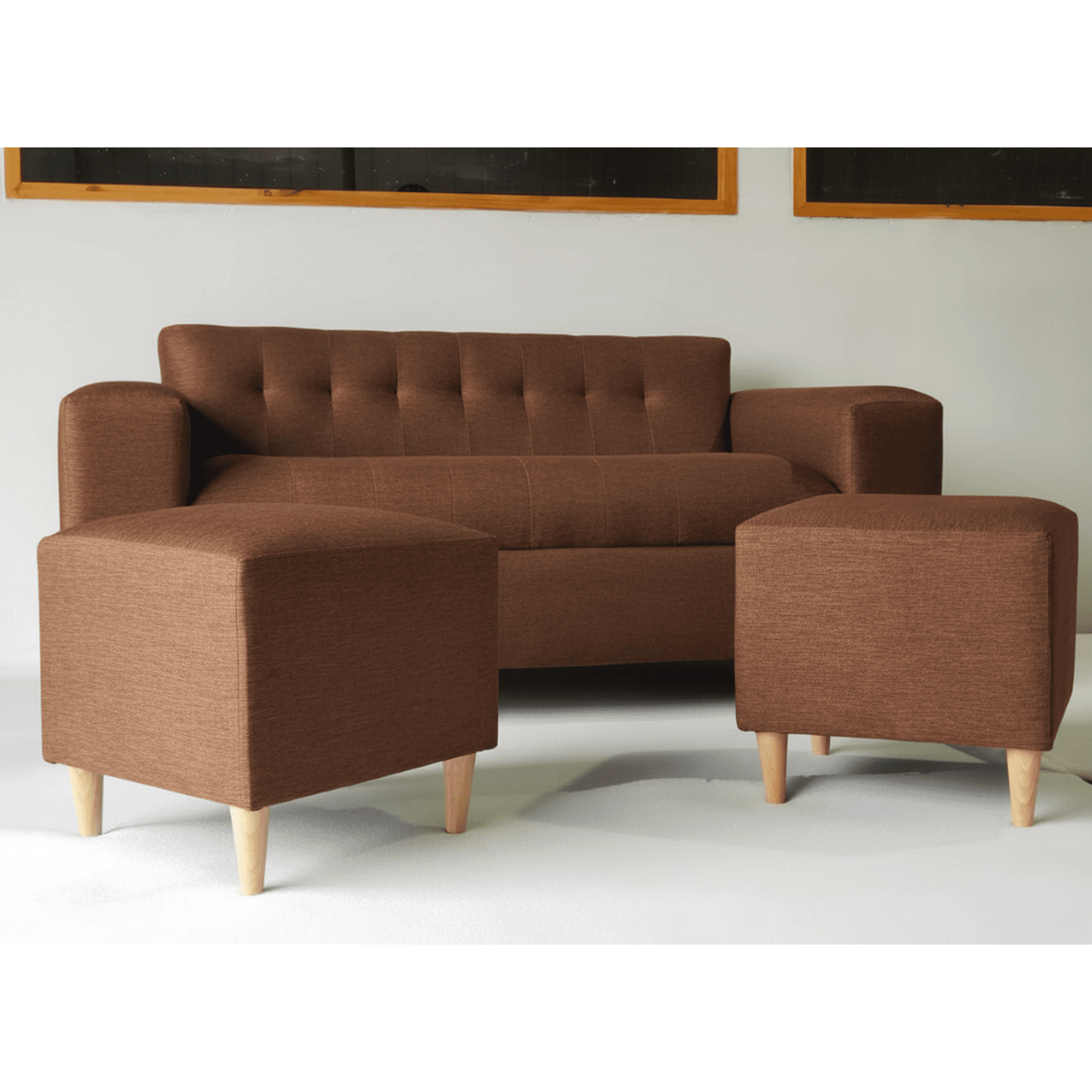 Muebles New - Sofa Dos Cuerpos Mas Dos Puff Chocolate Lino