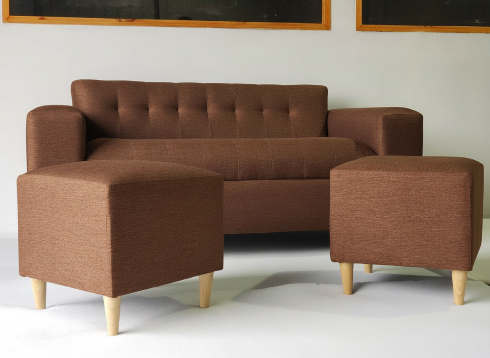 Muebles New - Sofa Tres Cuerpos Mas Dos Puff Chocolate Lino