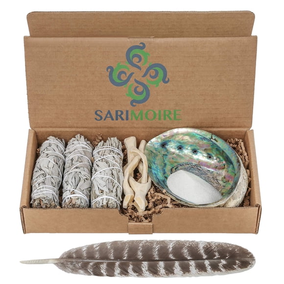 Sage Smudge Kit, varillas para difuminar salvia blanca, 4 pulgadas, concha de abulón, 5-6 pulgadas, soporte de trípode de 2 pulgadas, plumas y arena blanca de 9 a 12 pulgadas