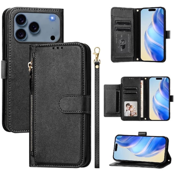 Funda Billetera Cremallera para iPhone 17 Pro Max con Porta Tarjetas, Soporte y Correa Negro