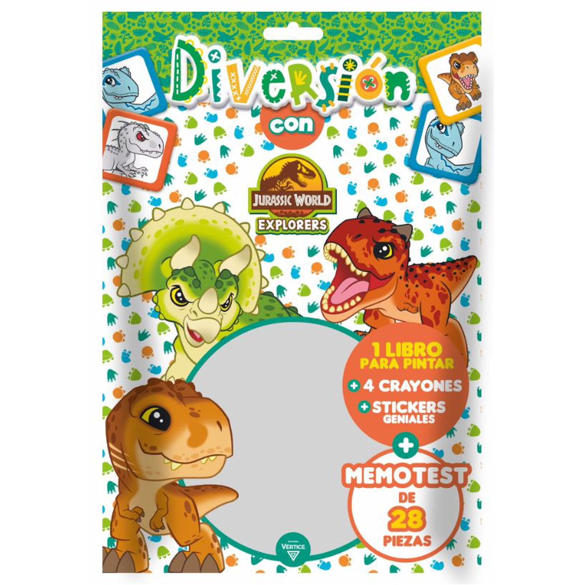 Vertice - Libro Para Pintar + 4 Crayones + Memotest De Piezas Jurassic World