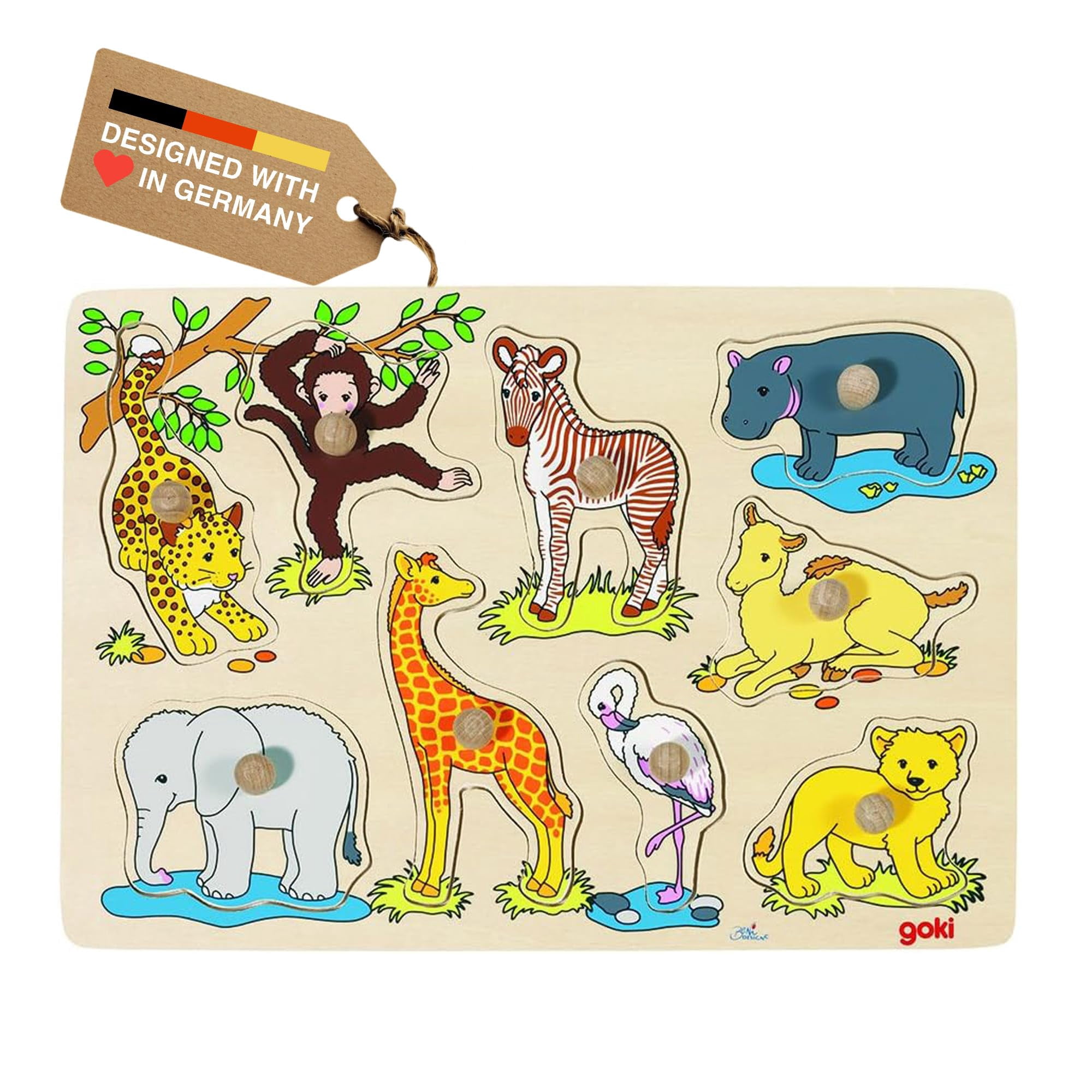 Puzle De Madera Goki Safari Animals, Primer Rompecabezas De 1 A 3 Años