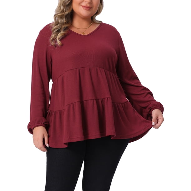 Agnes Orinda Conjuntos de Halloween Blusa Babydoll de Talla Grande para Mujer Top de Punto Waffle con Volantes en el Dobladillo de Manga Larga con Cuello en V Casual Peplum 4X Burdeos