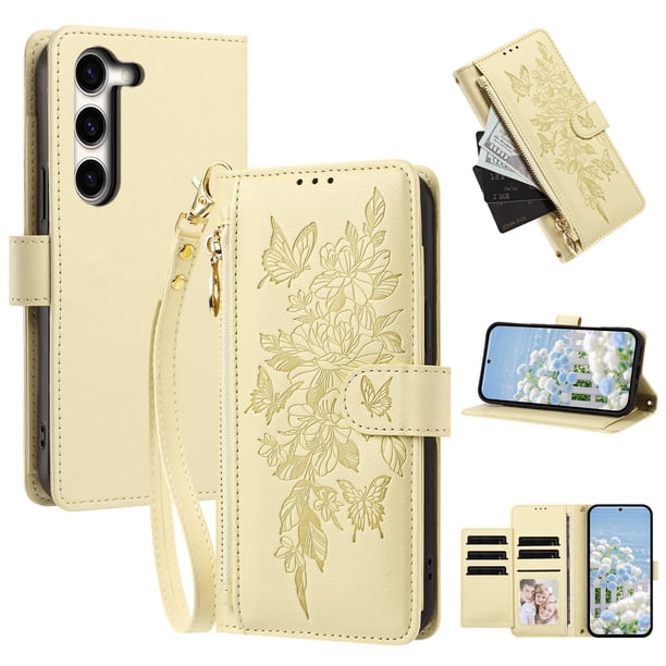 Funda Billetera Floral en Relieve samsung galaxy S23 con Tarjetero y Cremallera Blanco