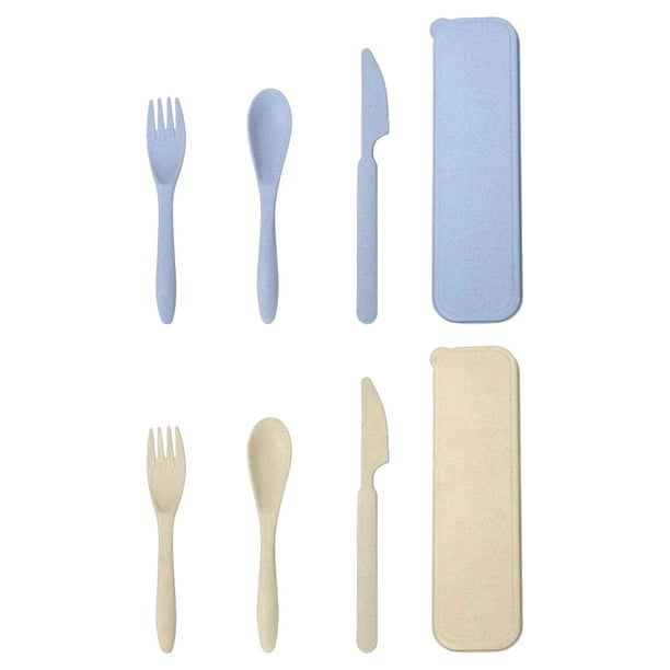 Juego de utensilios de viaje con estuche, 2 juegos de tenedores, cucharas y cuchillos de plástico portátiles de paja de trigo para acampar, vajilla ecológica sin BPA para el almuerzo, ideal para niños
