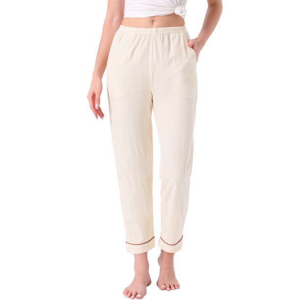 INSPIRE CHIC Pantalones de Pijama para Mujer de Algodón Tejido Acanalado con Cintura Elástica Pierna Recta con Bolsillos Ropa de Casa Casual XS Blanco