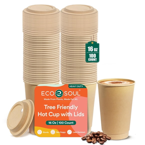 Vasos de café desechables ECO SOUL, paquete de 100 unidades, 473 ml, con tapas