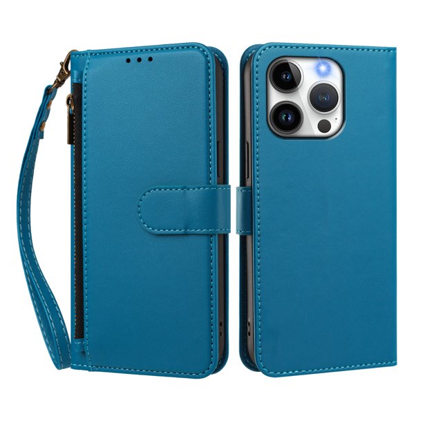 Funda Tipo Billetera para iphone14 Pro con Soporte y Bolsillo con Cierre Azul