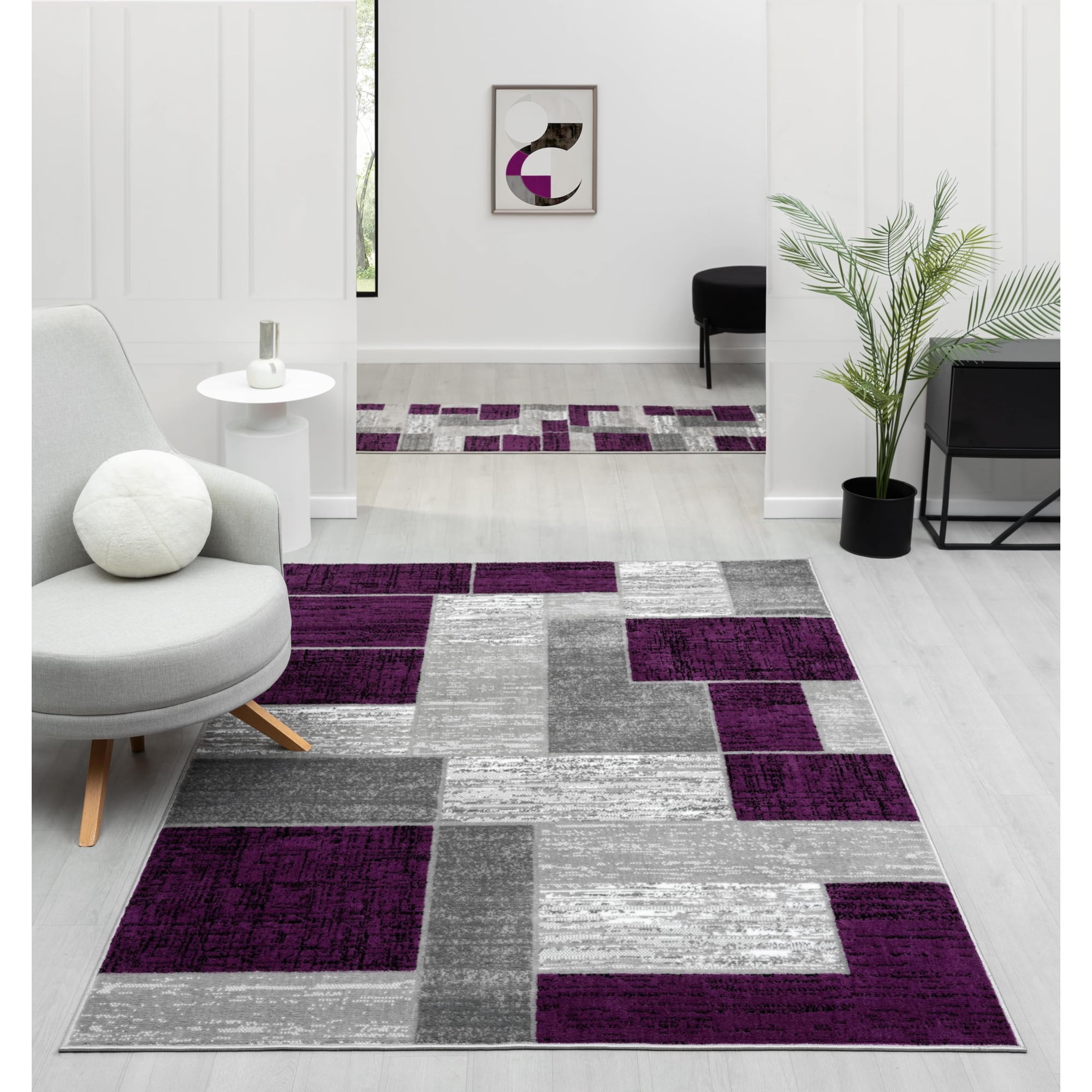 Alfombra L'baiet Verena Geométrica De Polipropileno, Color Morado Y Gris, 60 X 180 Cm